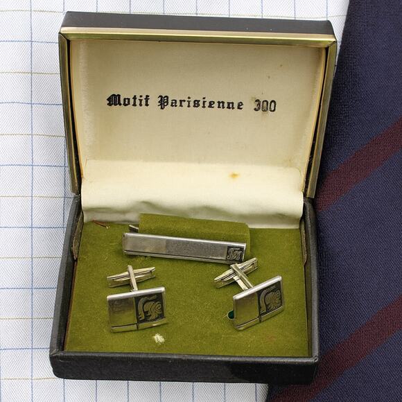 Vintage Motif Parisienne 300 Silver Tone Cuff Links and Tie Bar Set Original Box - Picture 6 of 10